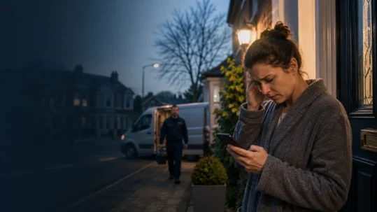 Woman locked outside her home searching for a locksmith on her phone.